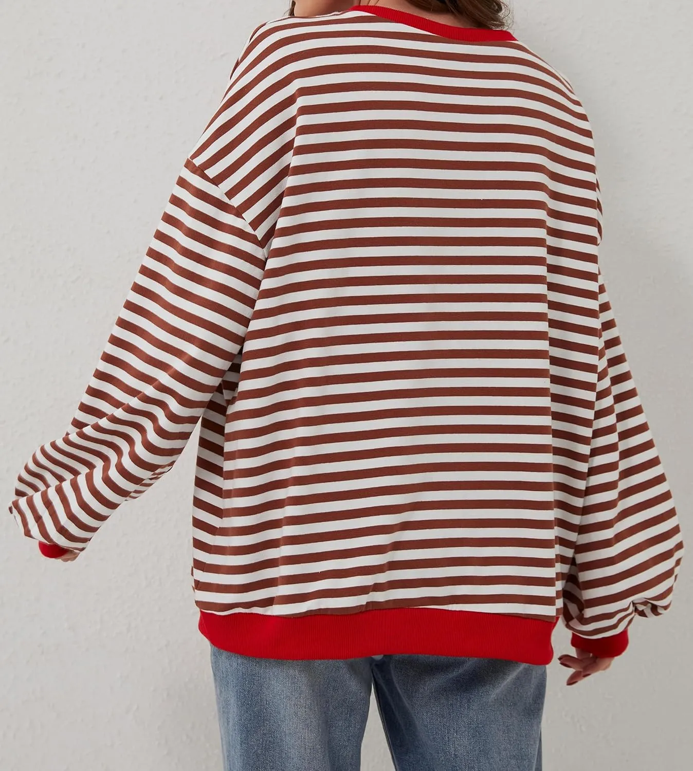 Women Oversized Striped Long Sleeve Sweatshirt Casual Crew Neck Drop Shoulder Relaxed Fit Pullover Shirt Top