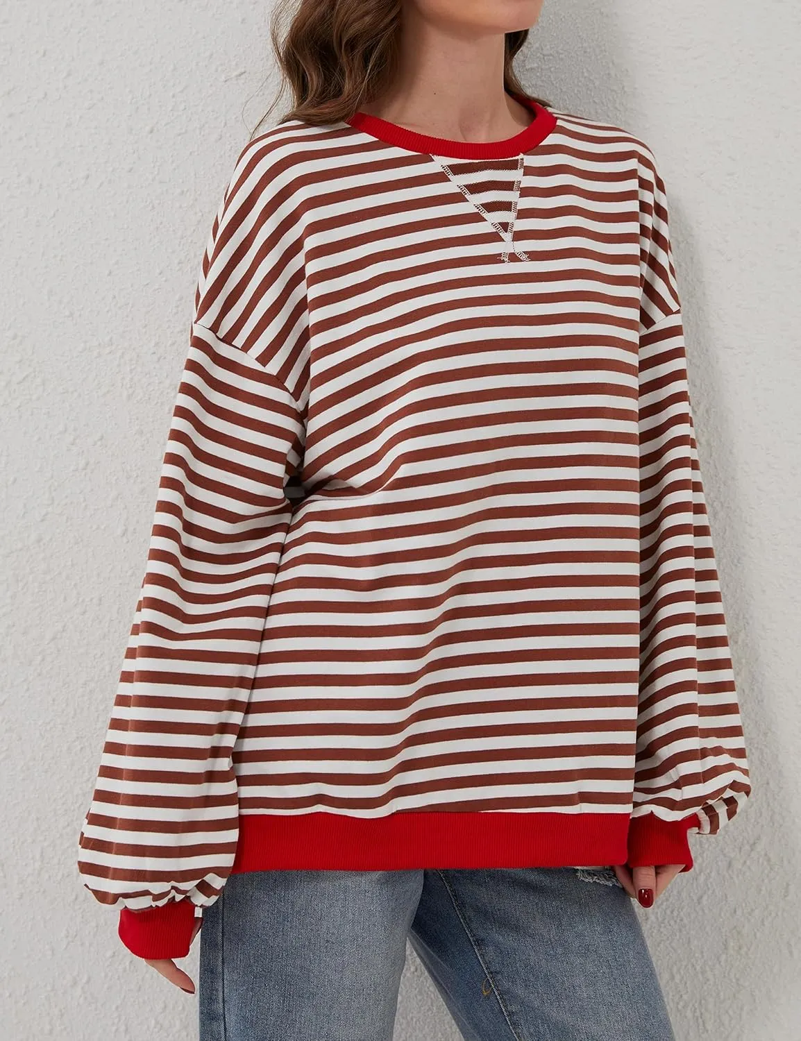 Women Oversized Striped Long Sleeve Sweatshirt Casual Crew Neck Drop Shoulder Relaxed Fit Pullover Shirt Top
