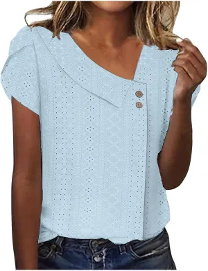 Women Petal Short Sleeve V Neck T Shirts Loose Summer Casual Solid Tops T-Shirt Tunics Eyelet Fashion Design Blouse