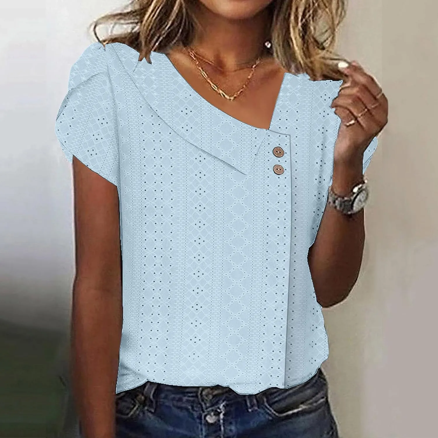 Women Petal Short Sleeve V Neck T Shirts Loose Summer Casual Solid Tops T-Shirt Tunics Eyelet Fashion Design Blouse