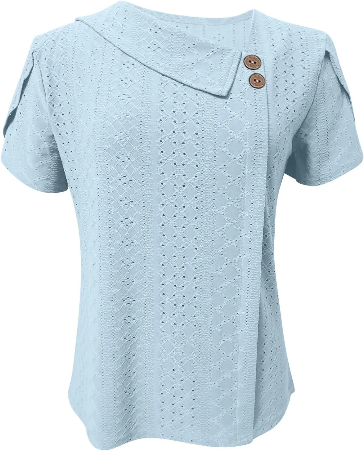 Women Petal Short Sleeve V Neck T Shirts Loose Summer Casual Solid Tops T-Shirt Tunics Eyelet Fashion Design Blouse