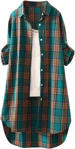 Women Plus Size Plaid Sweatshirt Casual Loose Fit Color Block Button Down Cadigan Top Trendy Long Sleeve Lapel Jacket