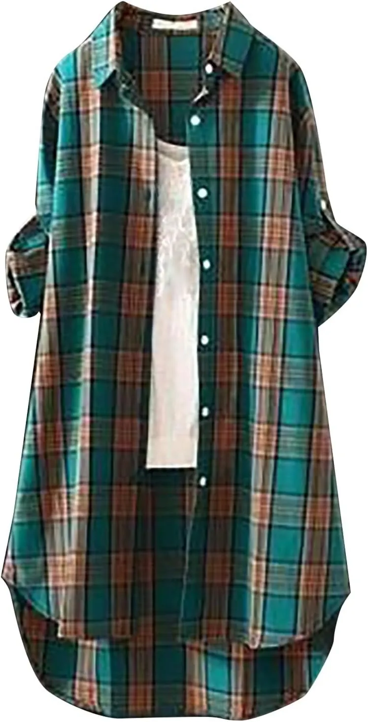 Women Plus Size Plaid Sweatshirt Casual Loose Fit Color Block Button Down Cadigan Top Trendy Long Sleeve Lapel Jacket