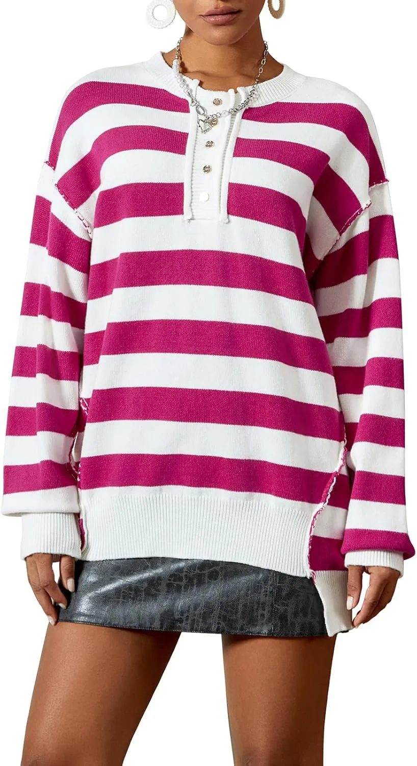Women Striped Drop Shoulder Long Sleeve Casual Y2k Trendy Tops