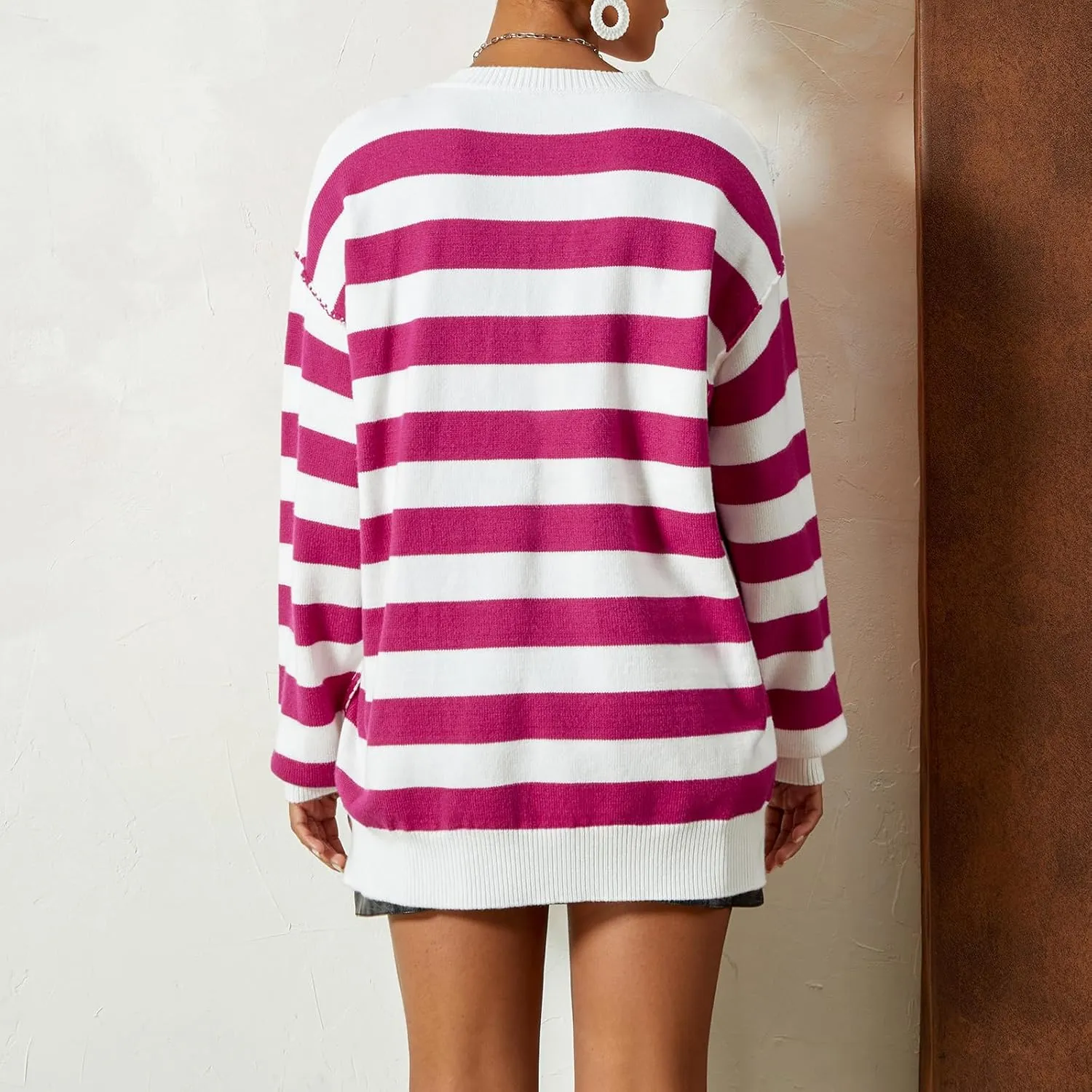 Women Striped Drop Shoulder Long Sleeve Casual Y2k Trendy Tops