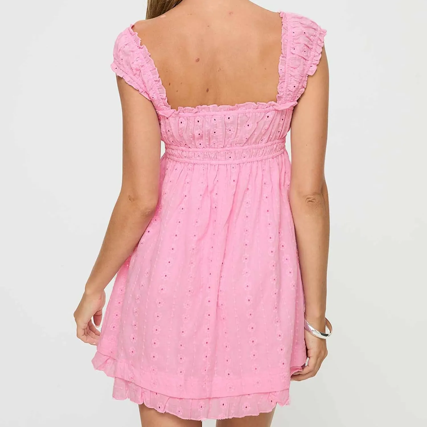 Women Summer Floral Embroidery Dress Sleeveless Ruffle Loose A-line Mini Dress Beach Clubwear Streetwear