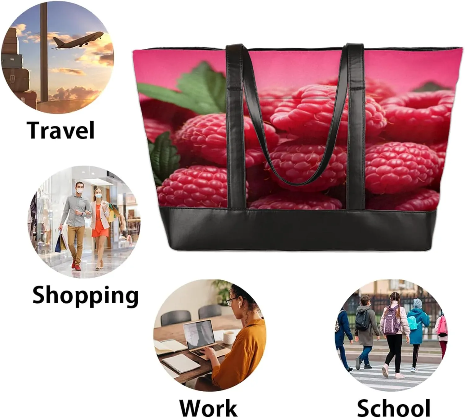 Women Tote Bag with Zipper, Shopper Handbag Travel Purse, PU Leather Laptop Tote Bags, Weekender Tote Bags