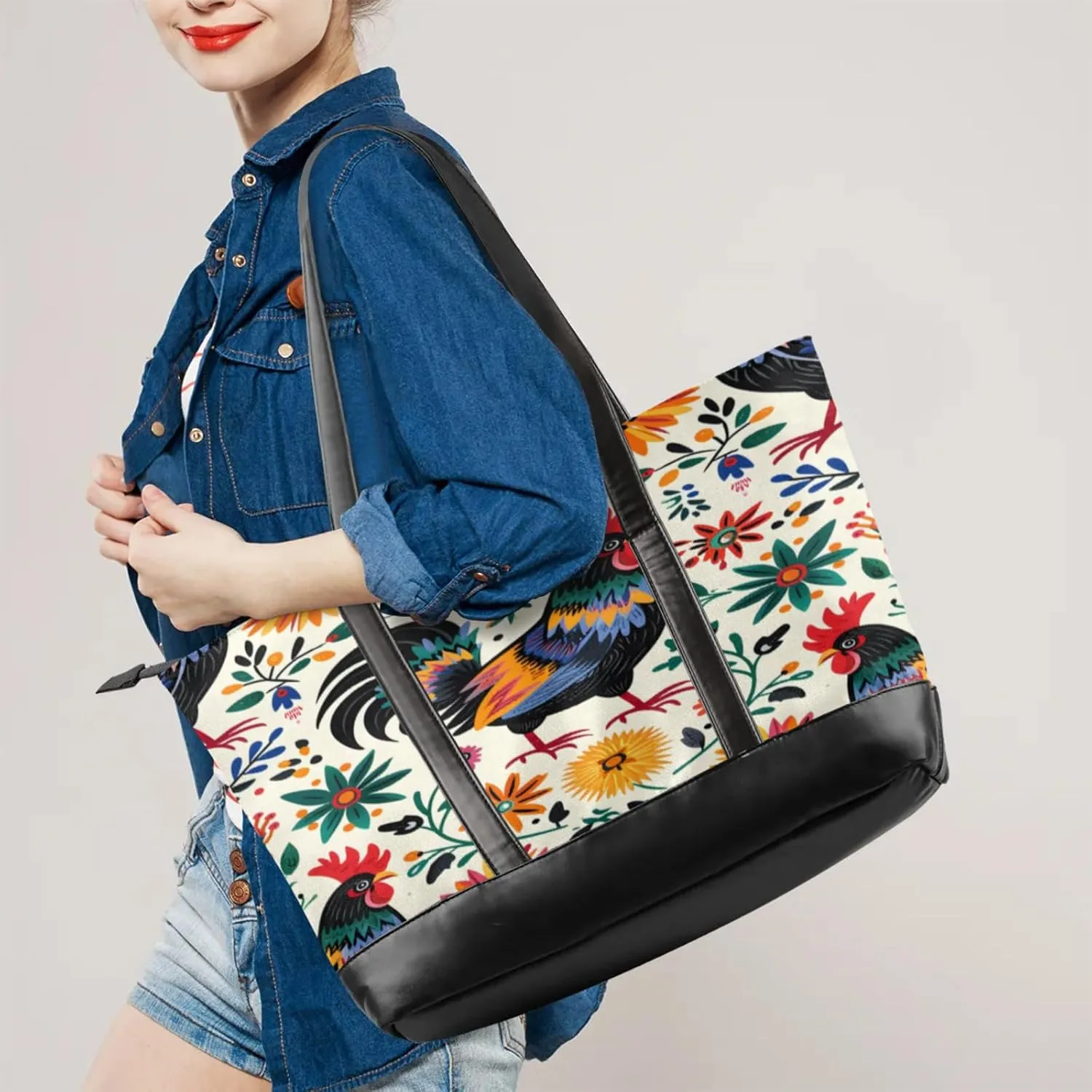 Women Tote Bag with Zipper, Shopper Handbag Travel Purse, PU Leather Laptop Tote Bags, Weekender Tote Bags