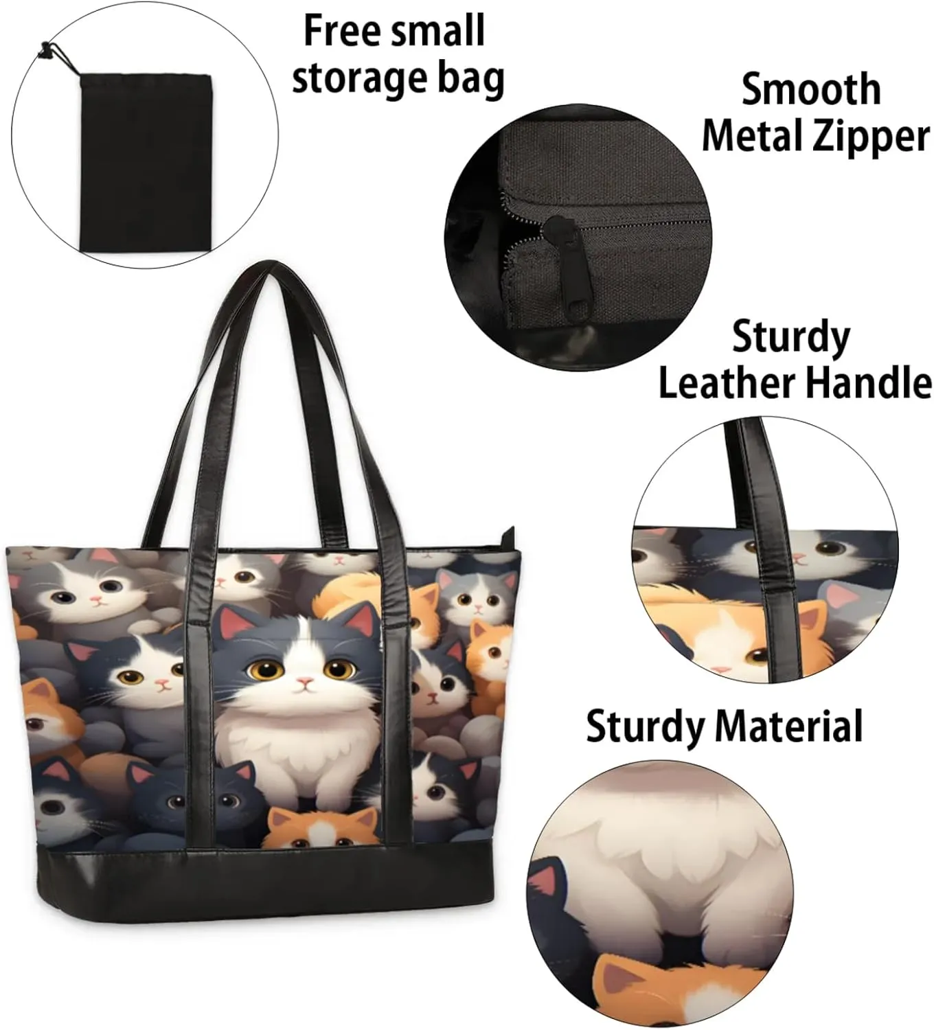 Women Tote Bag with Zipper, Shopper Handbag Travel Purse, PU Leather Laptop Tote Bags, Weekender Tote Bags