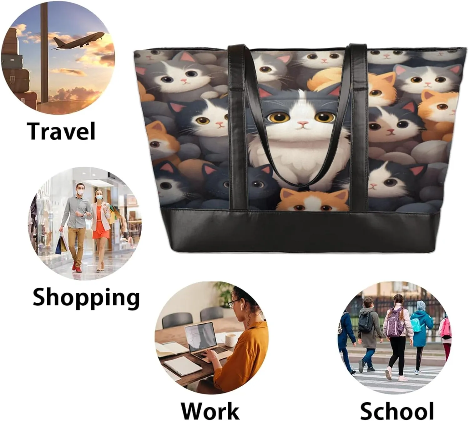 Women Tote Bag with Zipper, Shopper Handbag Travel Purse, PU Leather Laptop Tote Bags, Weekender Tote Bags