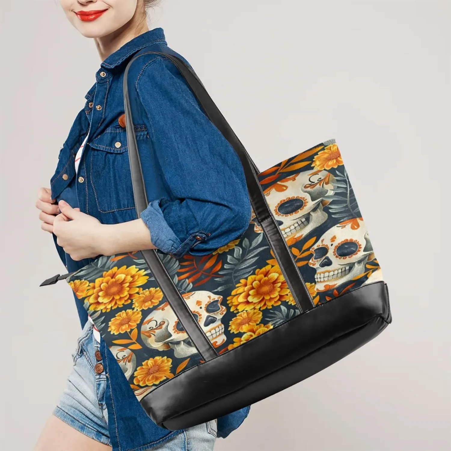 Women Tote Bag with Zipper, Shopper Handbag Travel Purse, PU Leather Laptop Tote Bags, Weekender Tote Bags