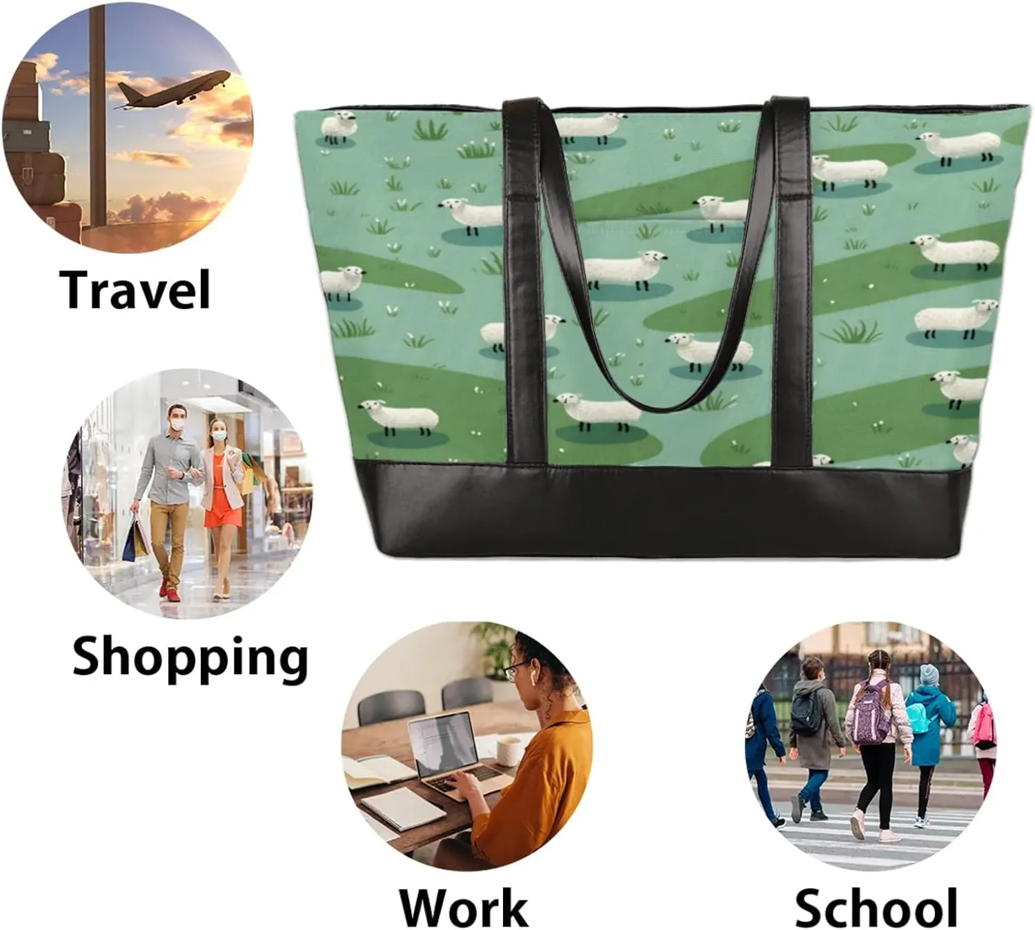 Women Tote Bag with Zipper, Shopper Handbag Travel Purse, PU Leather Laptop Tote Bags, Weekender Tote Bags