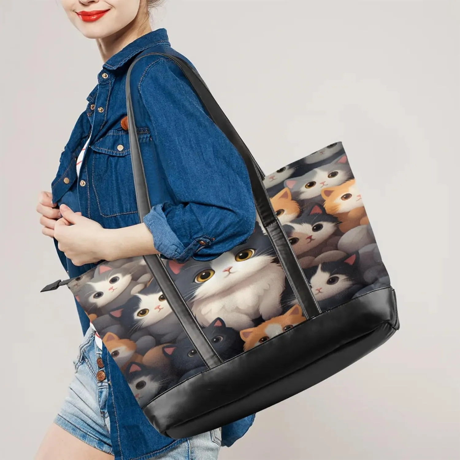 Women Tote Bag with Zipper, Shopper Handbag Travel Purse, PU Leather Laptop Tote Bags, Weekender Tote Bags