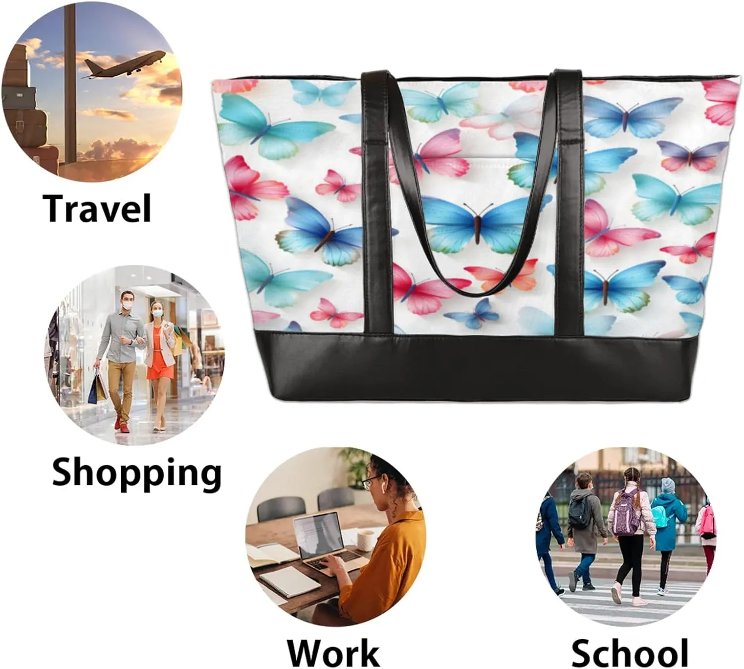 Women Tote Bag with Zipper, Shopper Handbag Travel Purse, PU Leather Laptop Tote Bags, Weekender Tote Bags
