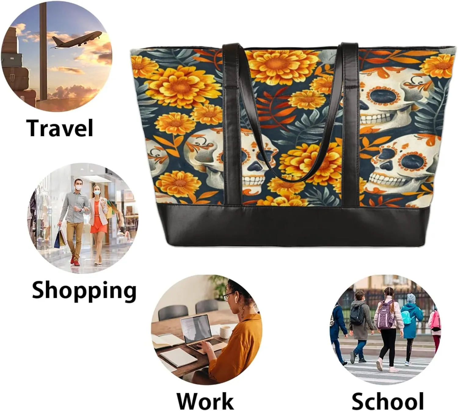 Women Tote Bag with Zipper, Shopper Handbag Travel Purse, PU Leather Laptop Tote Bags, Weekender Tote Bags