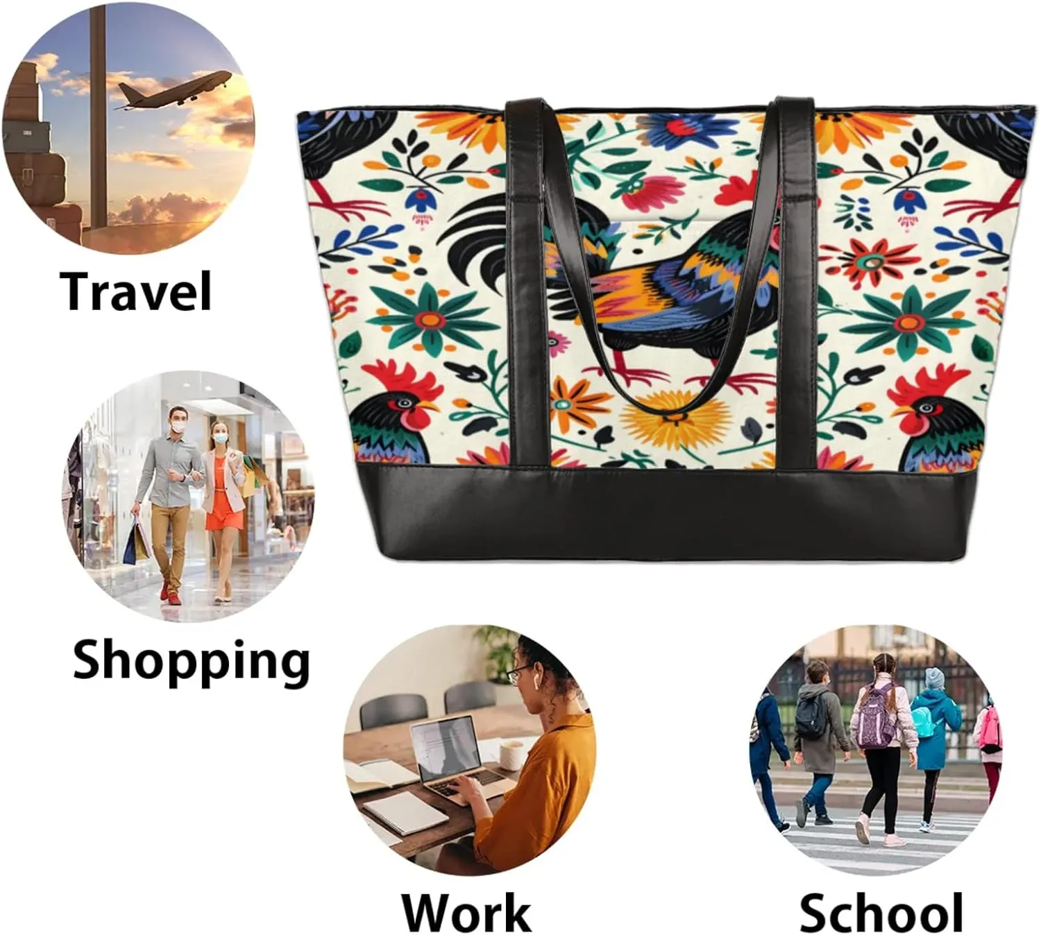 Women Tote Bag with Zipper, Shopper Handbag Travel Purse, PU Leather Laptop Tote Bags, Weekender Tote Bags