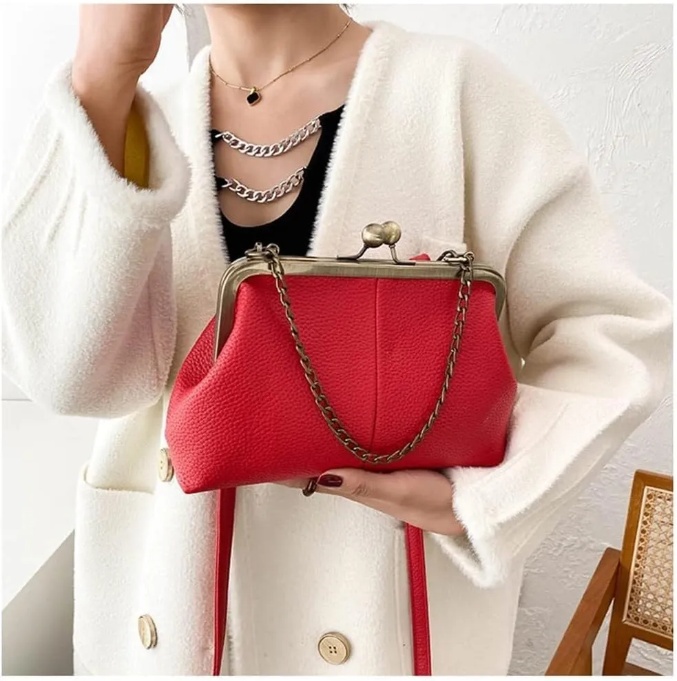Women Tote Handbag Classical Retro Shoulder Bag Chain Strap Leather Kiss Lock Satchel Clutch Work Shopper Crossbody Bag