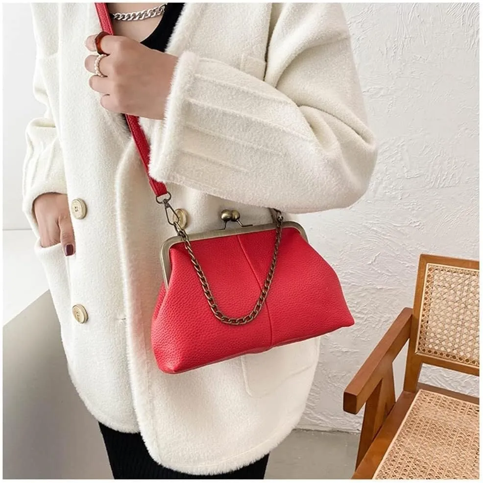 Women Tote Handbag Classical Retro Shoulder Bag Chain Strap Leather Kiss Lock Satchel Clutch Work Shopper Crossbody Bag