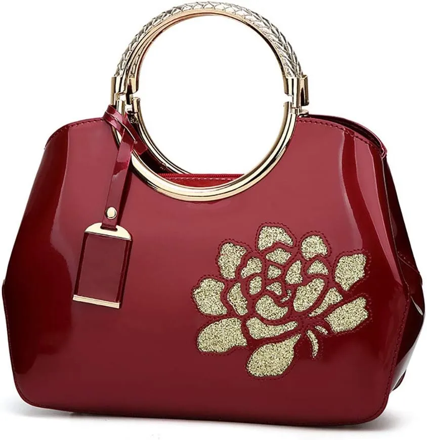 Women Tote, Patent Leather Handbag, Elegant Top Handle Bag Flower Embroidery Satchel