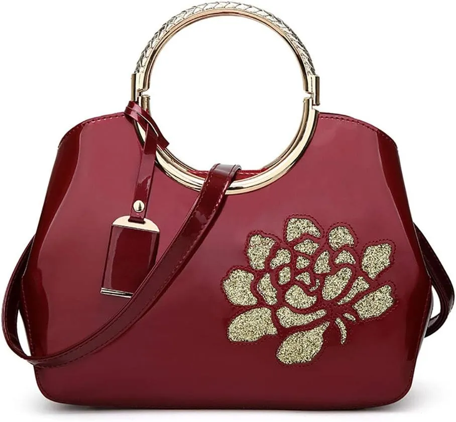 Women Tote, Patent Leather Handbag, Elegant Top Handle Bag Flower Embroidery Satchel