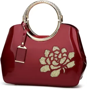 Women Tote, Patent Leather Handbag, Elegant Top Handle Bag Flower Embroidery Satchel