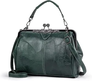 Women Vintage Hollow Handbag Oil Leather Shoulder Crossbody Bag Clutch Satchel Purse with Kiss Lock Closure