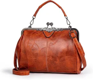 Women Vintage Hollow Handbag Oil Leather Shoulder Crossbody Bag Clutch Satchel Purse with Kiss Lock Closure