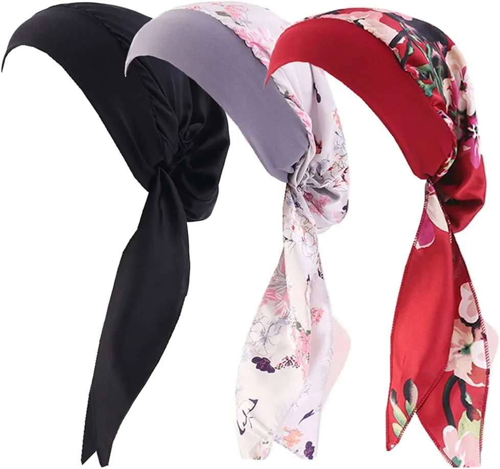 Women Vintage Silky Turbans Bonnet Elastic Wide Band Multifunction Printing Hat Chemo Hair Loss Cap