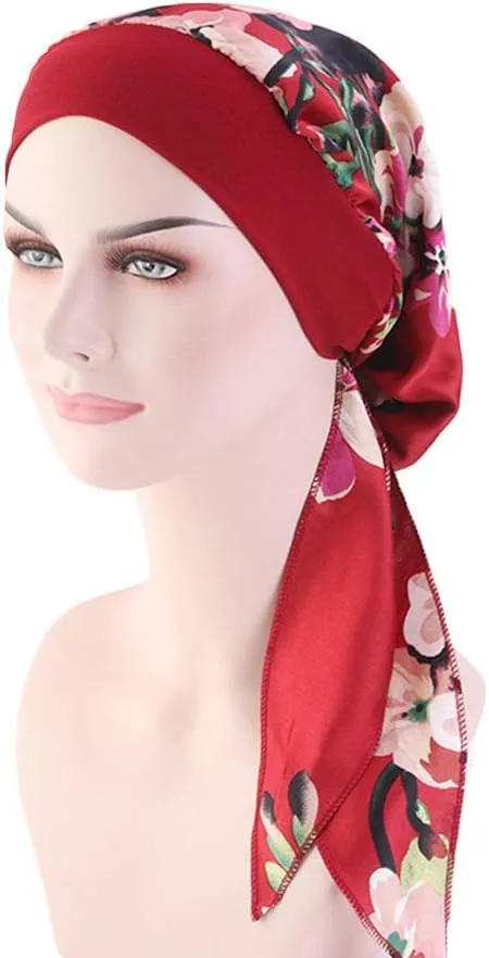 Women Vintage Silky Turbans Bonnet Elastic Wide Band Multifunction Printing Hat Chemo Hair Loss Cap