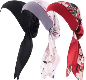 Women Vintage Silky Turbans Bonnet Elastic Wide Band Multifunction Printing Hat Chemo Hair Loss Cap