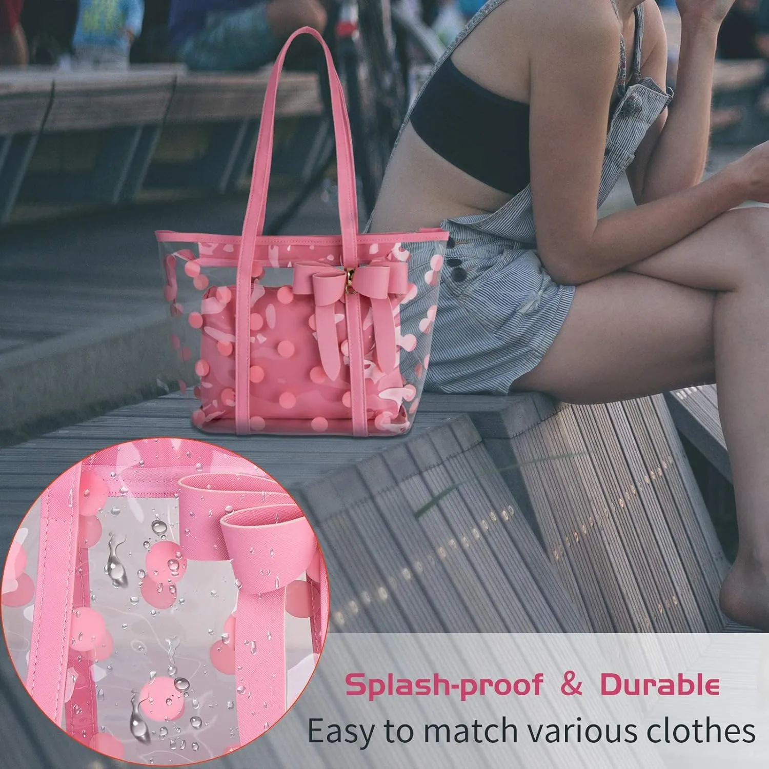 Women Waterproof PVC Clear Tote Bags Shoulder Handbag Beach Bag Shopping Work Bag
