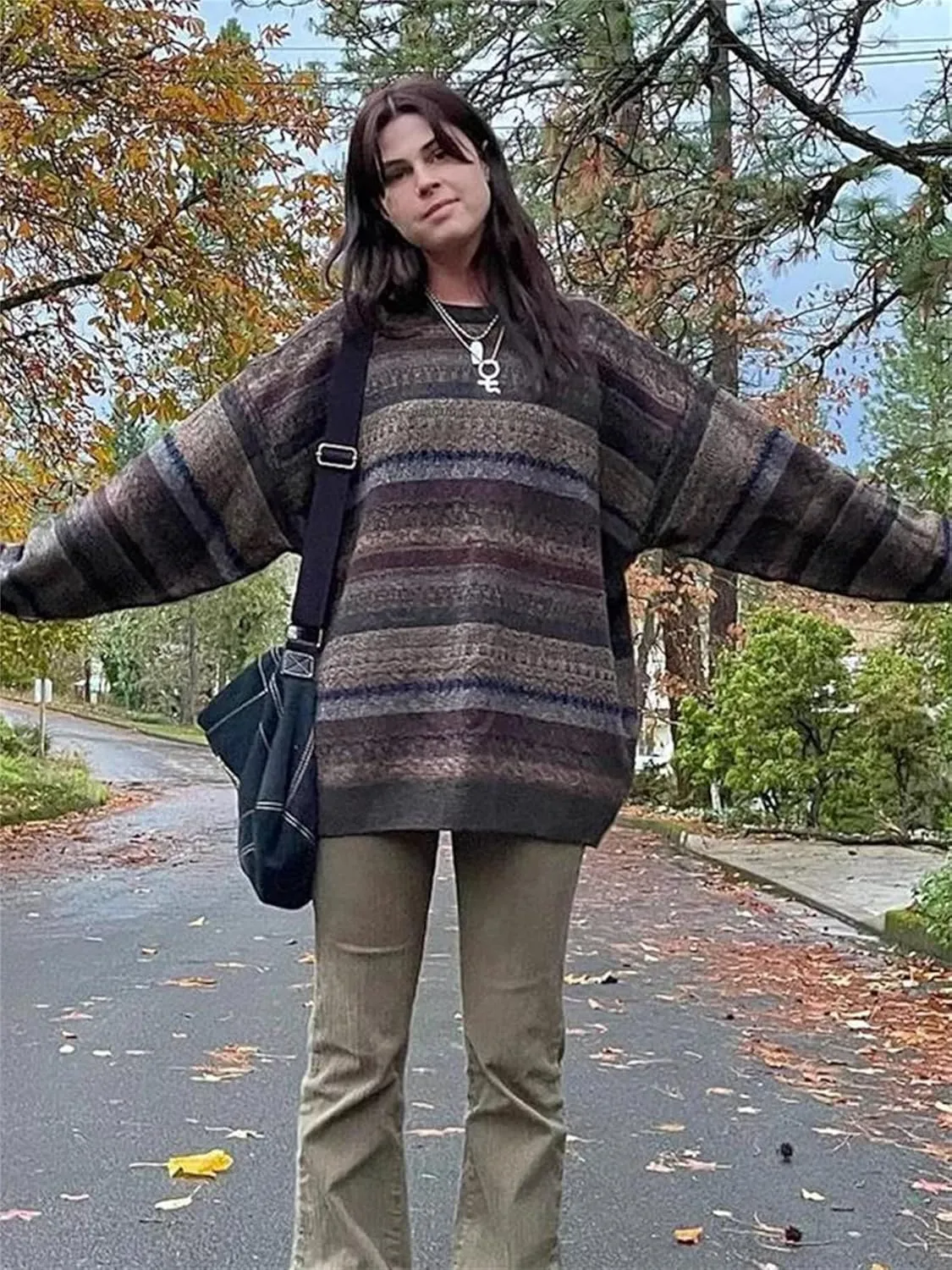 Women Y2K Argyle Striped Pullover Sweater Casual Long Sleeve Round Neck Vintage Preppy Style Pullover Knitwear