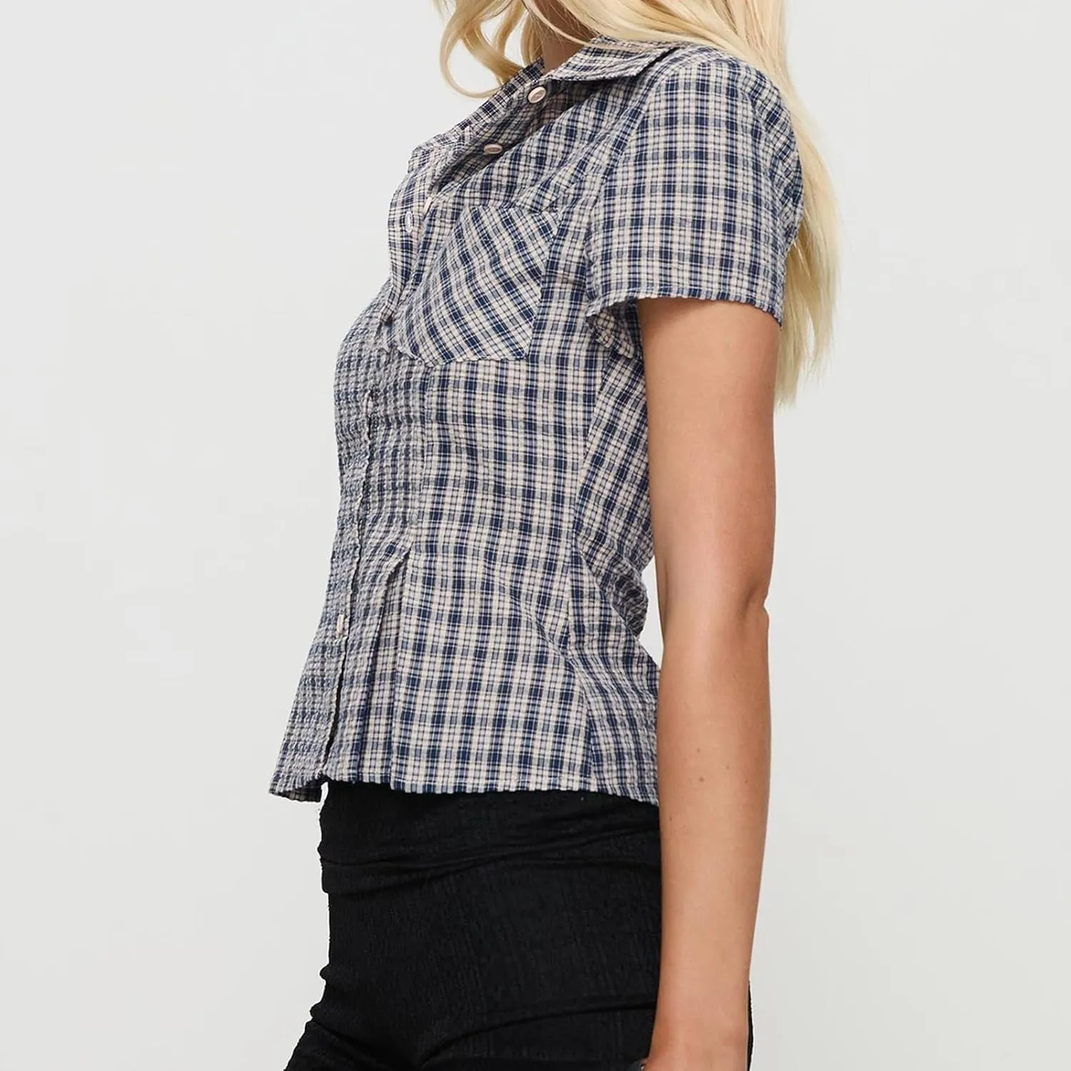 Women Y2k Slim Button Down Shirt Short Sleeve Open Front Cardigan Crop Top 90s Vintage Coquette Blouse Streetwear