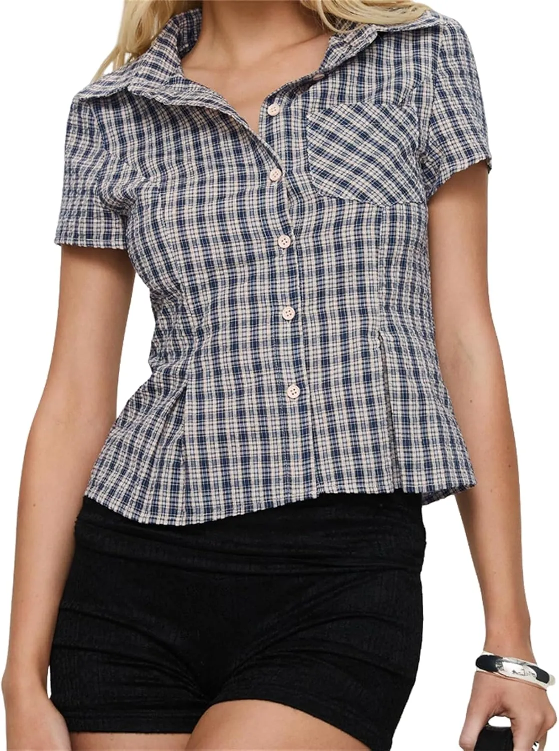 Women Y2k Slim Button Down Shirt Short Sleeve Open Front Cardigan Crop Top 90s Vintage Coquette Blouse Streetwear