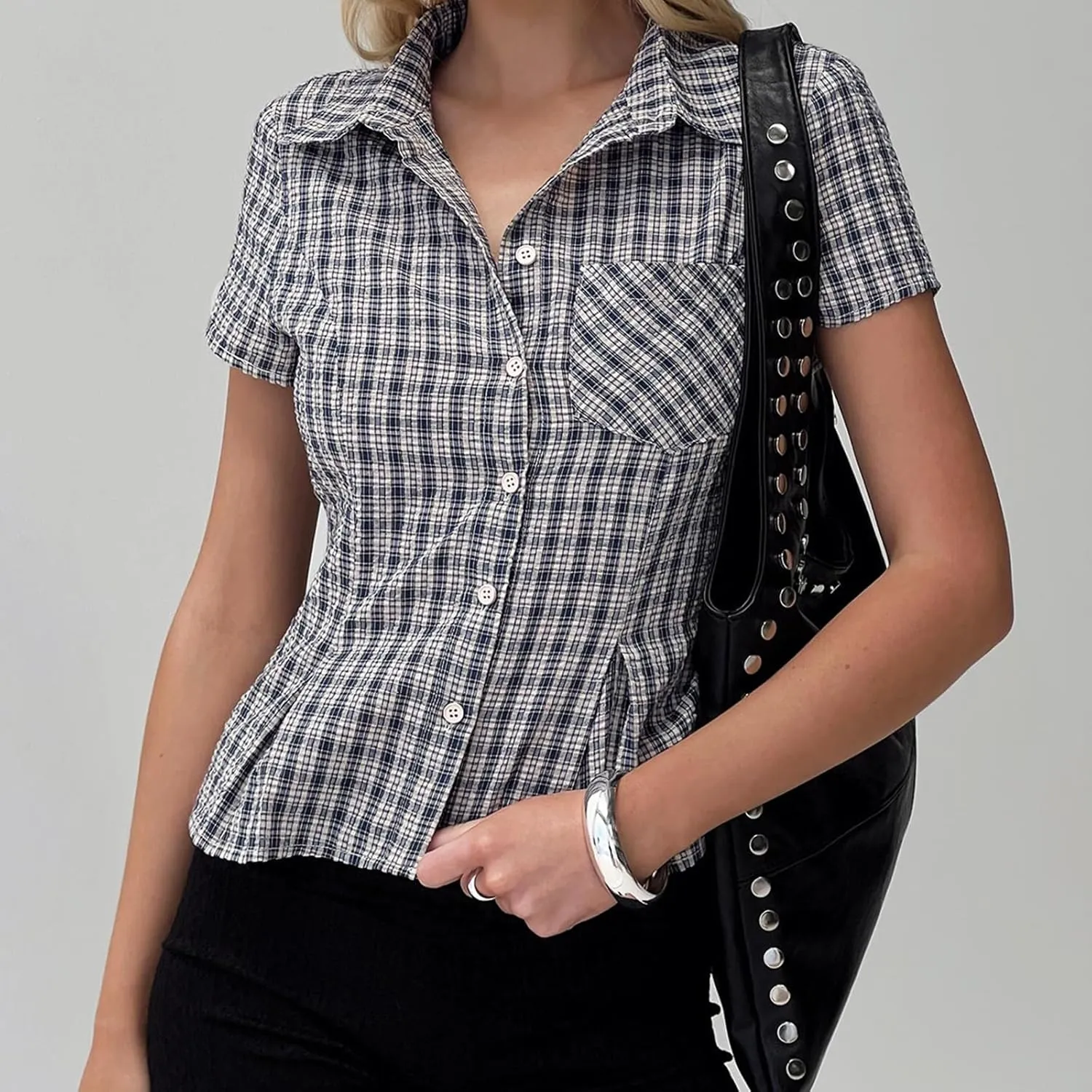 Women Y2k Slim Button Down Shirt Short Sleeve Open Front Cardigan Crop Top 90s Vintage Coquette Blouse Streetwear