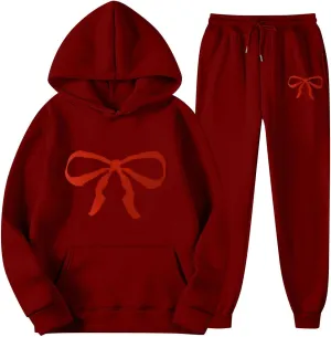 Women's 2 Piece Lounge Sets Oversized Bow Trim Print Hoodie Sweatsuit Sets Sweatshirt Wide Leg Sweatpants With Pockets