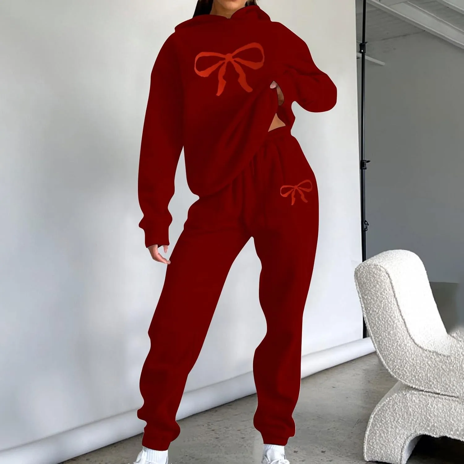 Women's 2 Piece Lounge Sets Oversized Bow Trim Print Hoodie Sweatsuit Sets Sweatshirt Wide Leg Sweatpants With Pockets