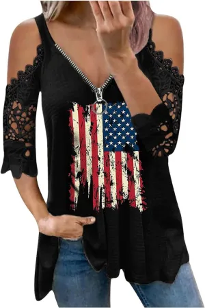 Womens American Flag Star Striped Lace Cold Shoulder T-Shirts 4th of July Independence Day Graphic Shirts