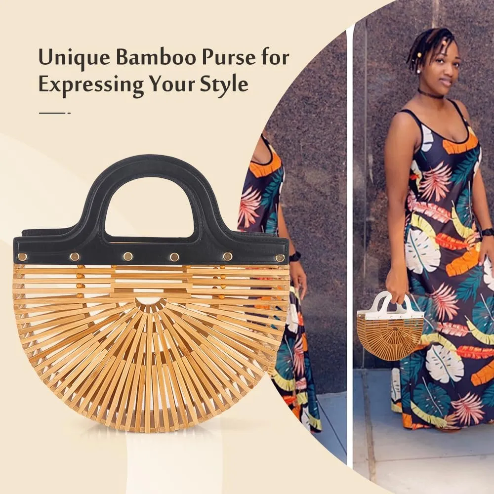 Women's Bamboo Purse by Handmade, Natural Straw Purse for Beach, Bamboo Bag