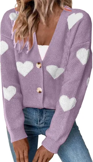 Womens Button Down Cardigan Sweater Trendy Valentines Heart Print Ribbed Knit Jumpers Solid Color V Neck Casual Coats