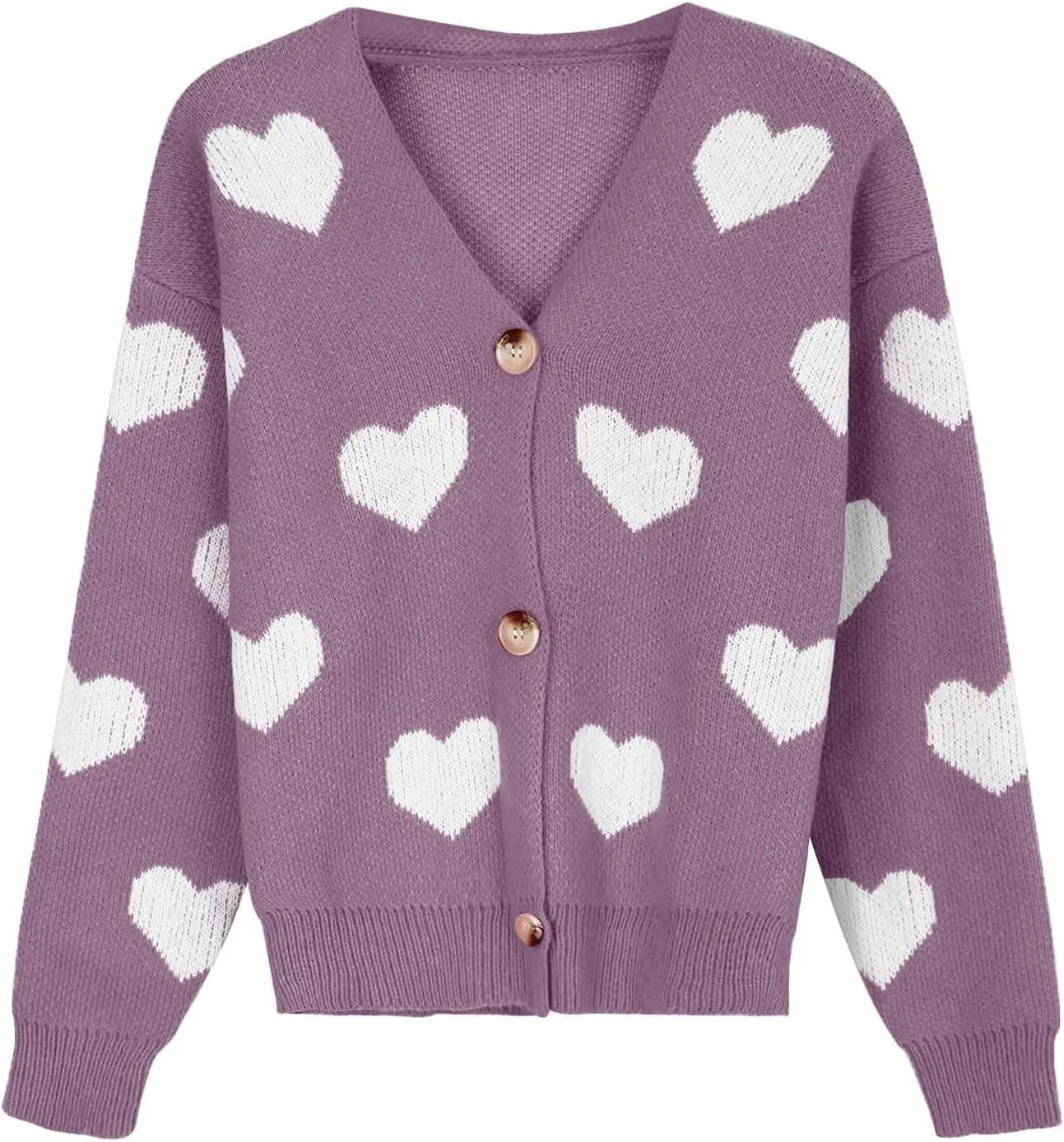 Womens Button Down Cardigan Sweater Trendy Valentines Heart Print Ribbed Knit Jumpers Solid Color V Neck Casual Coats