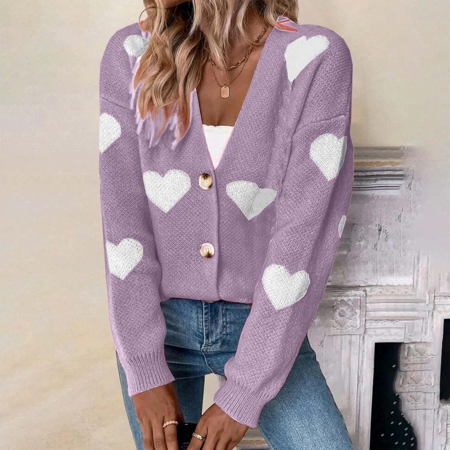 Womens Button Down Cardigan Sweater Trendy Valentines Heart Print Ribbed Knit Jumpers Solid Color V Neck Casual Coats