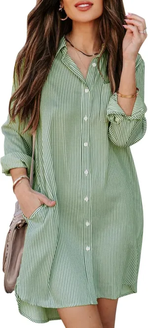 Womens Button Down Shirt Dresses with Pockets Cotton Striped Shirts Collared Tunics Long Sleeve High Low Blouse Tops