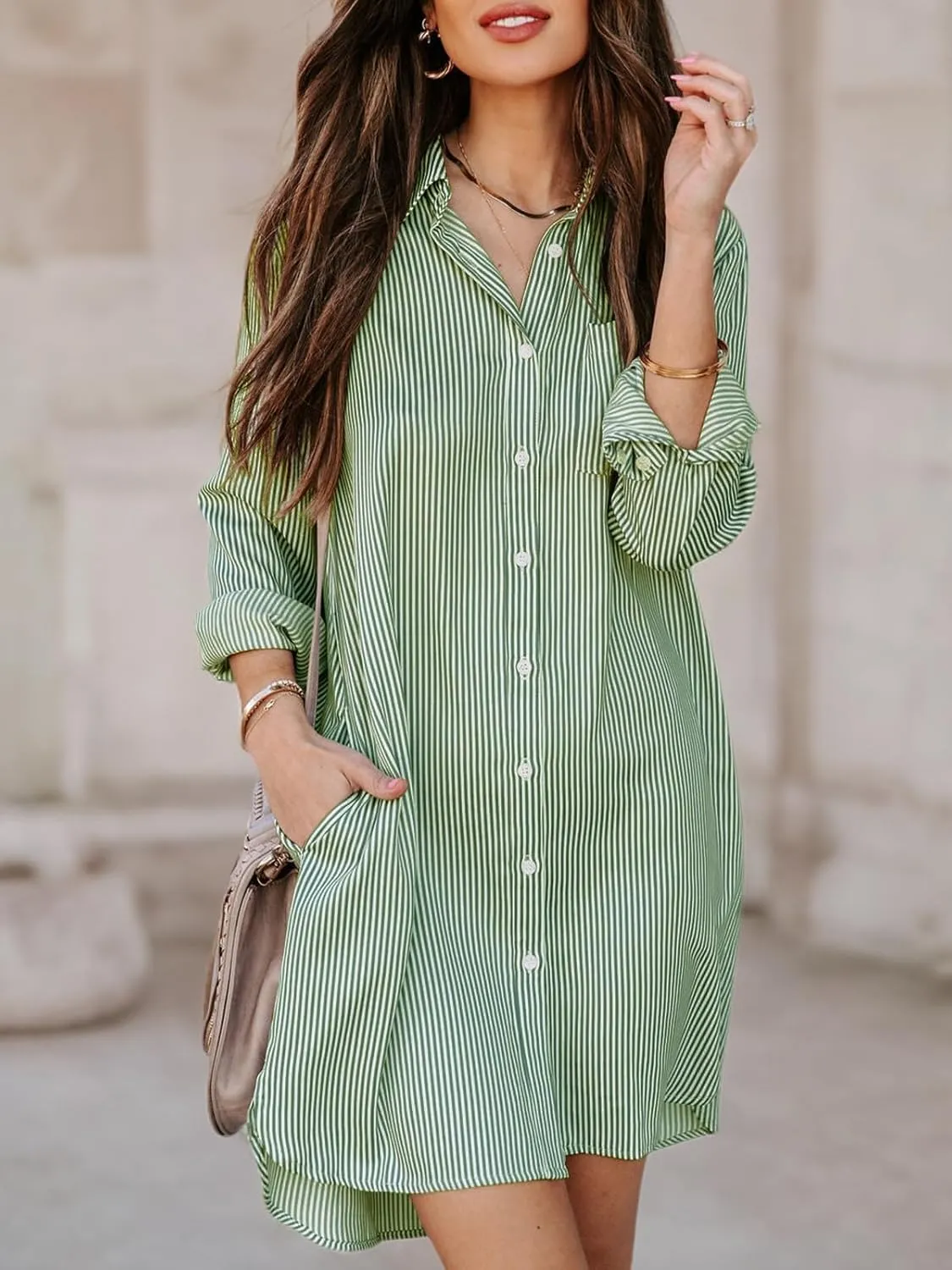 Womens Button Down Shirt Dresses with Pockets Cotton Striped Shirts Collared Tunics Long Sleeve High Low Blouse Tops