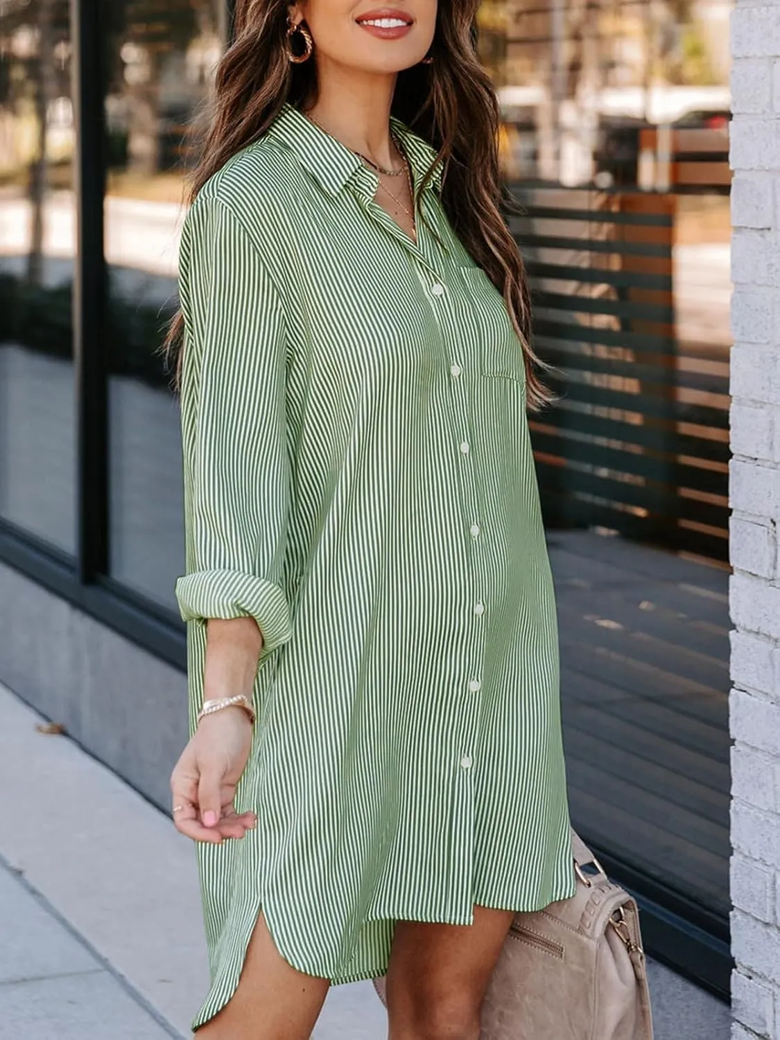 Womens Button Down Shirt Dresses with Pockets Cotton Striped Shirts Collared Tunics Long Sleeve High Low Blouse Tops
