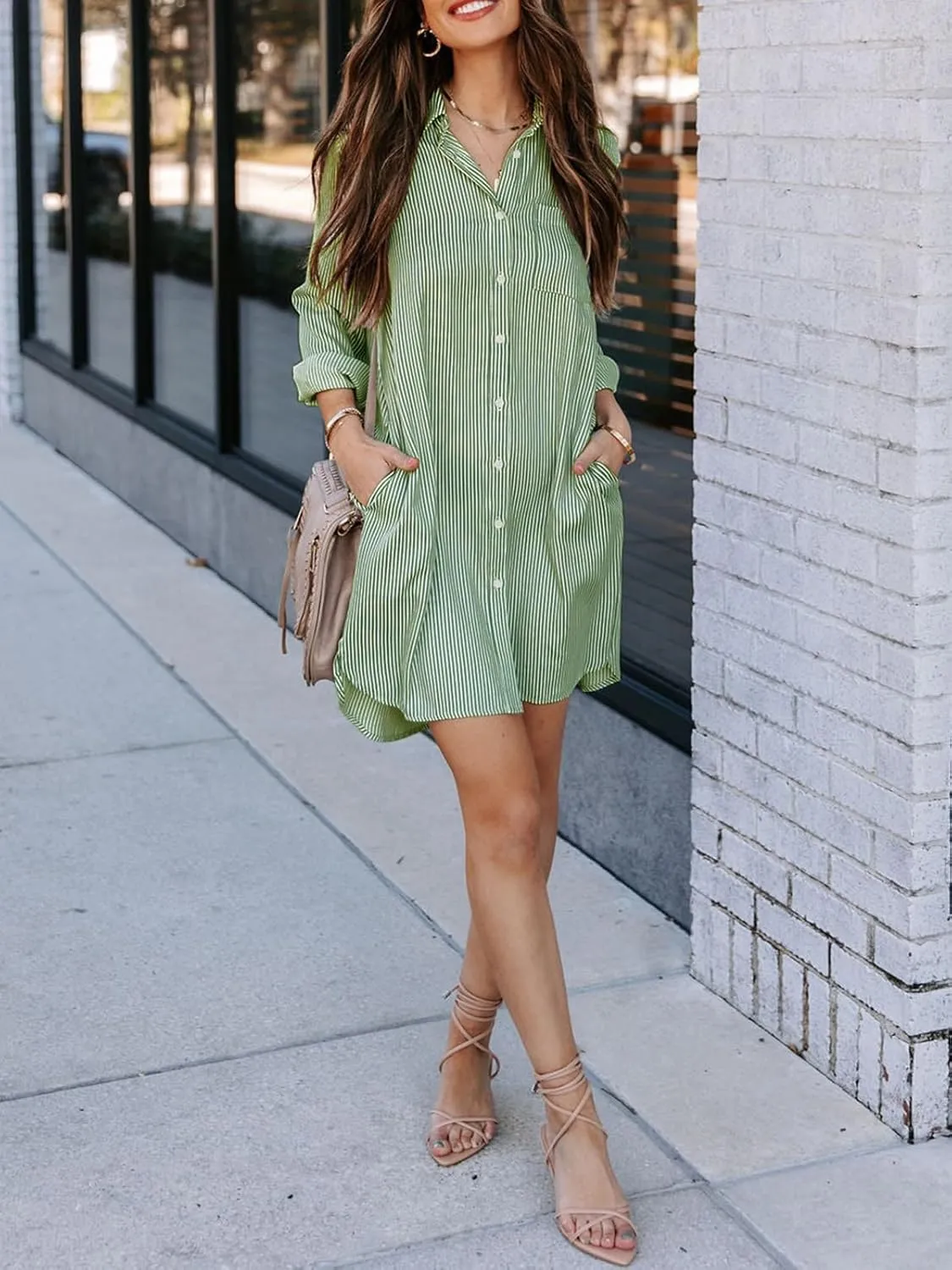 Womens Button Down Shirt Dresses with Pockets Cotton Striped Shirts Collared Tunics Long Sleeve High Low Blouse Tops