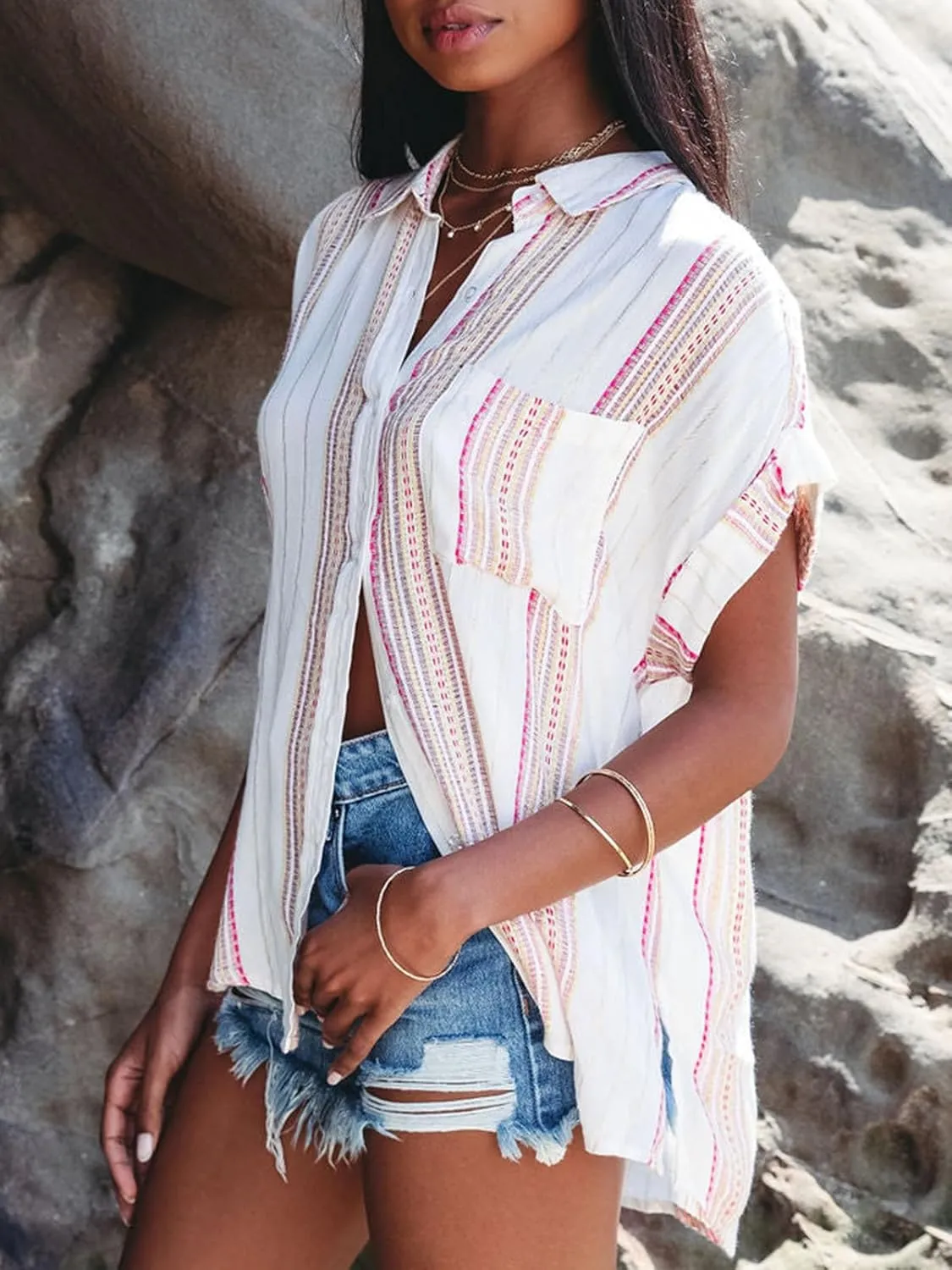 Womens Button Down Shirts Short Sleeve Summer Linen V Neck Collared Stripes Casual Blouses Tops with Pocket