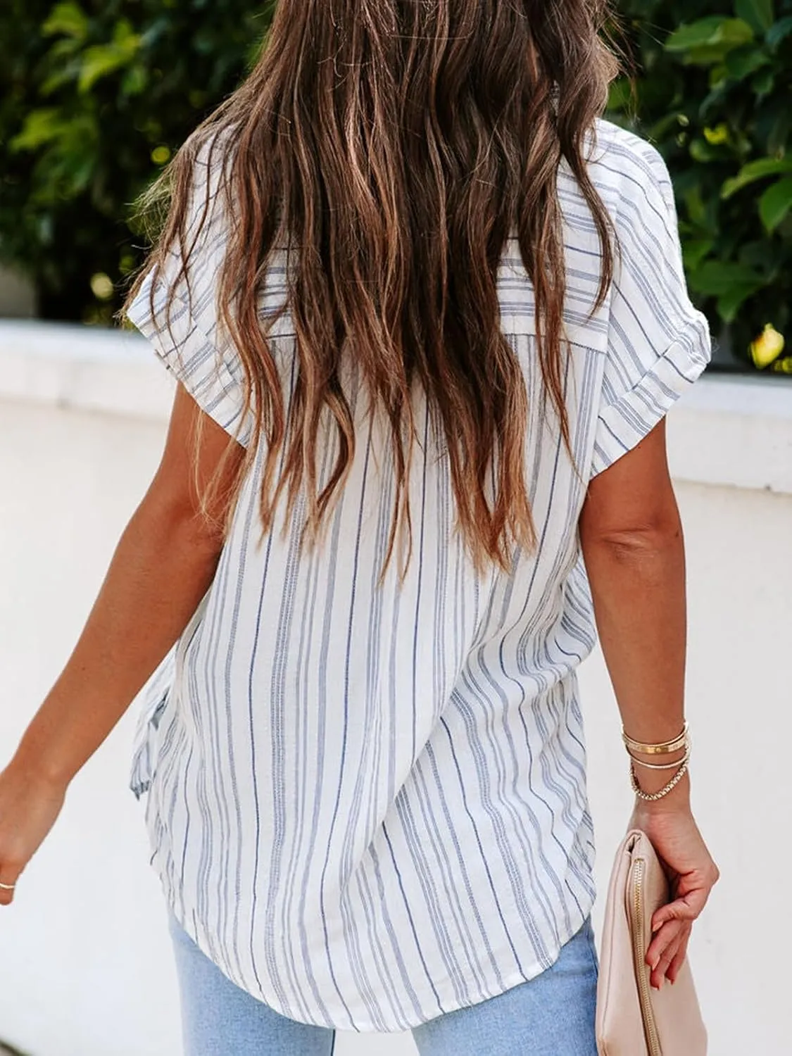 Womens Button Down Shirts Short Sleeve Summer Linen V Neck Collared Stripes Casual Blouses Tops with Pocket
