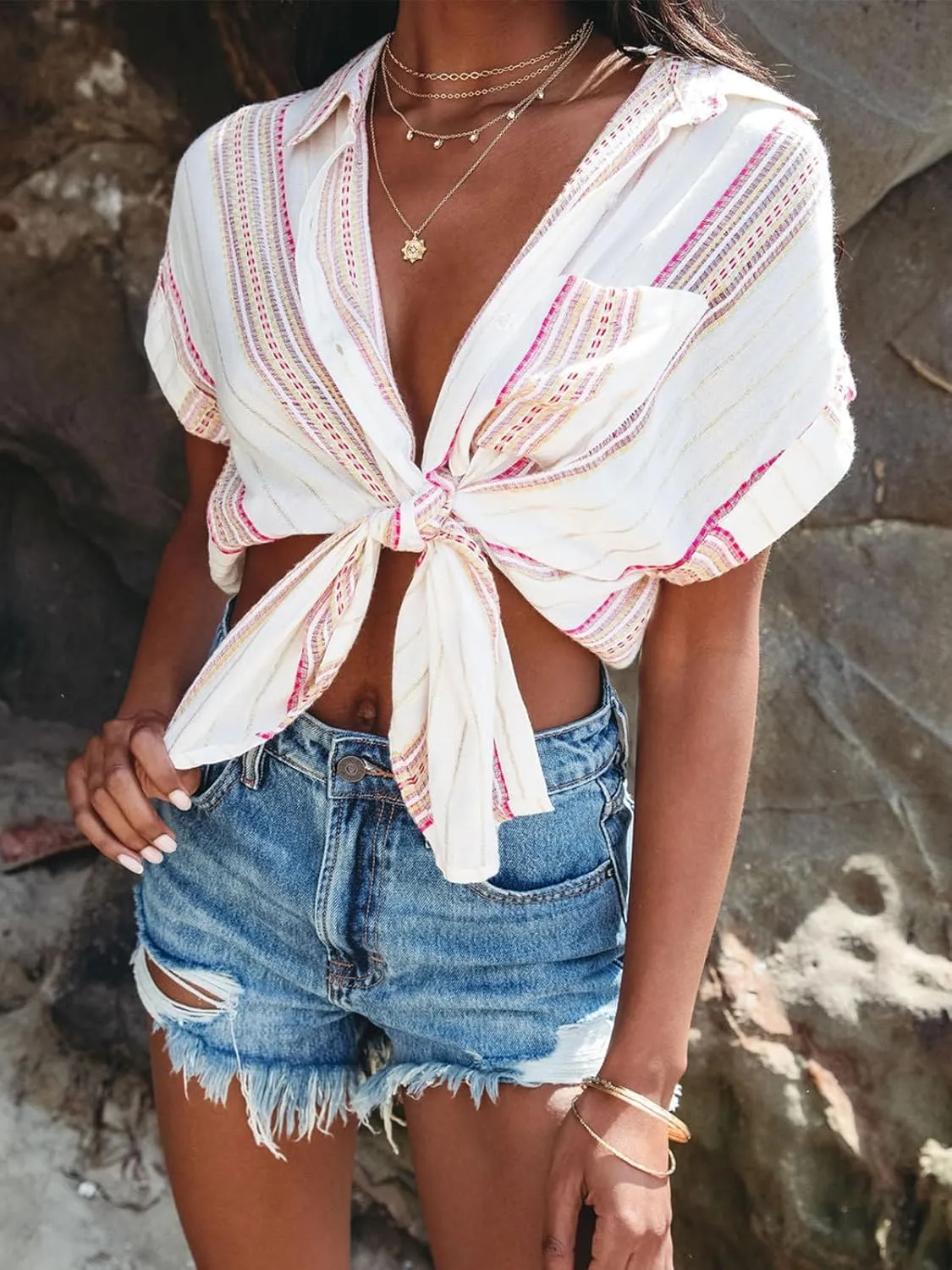 Womens Button Down Shirts Short Sleeve Summer Linen V Neck Collared Stripes Casual Blouses Tops with Pocket