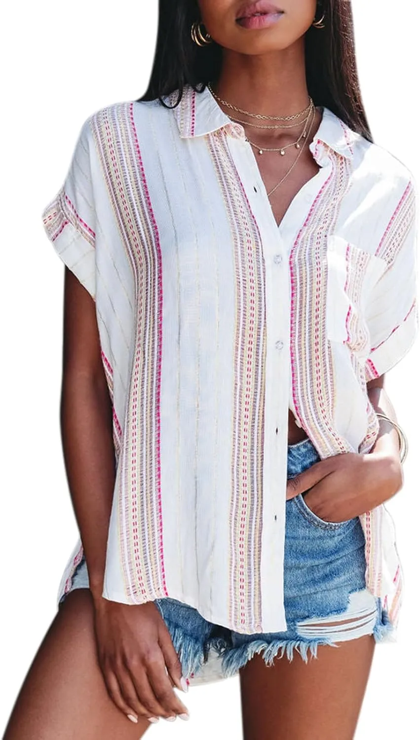 Womens Button Down Shirts Short Sleeve Summer Linen V Neck Collared Stripes Casual Blouses Tops with Pocket